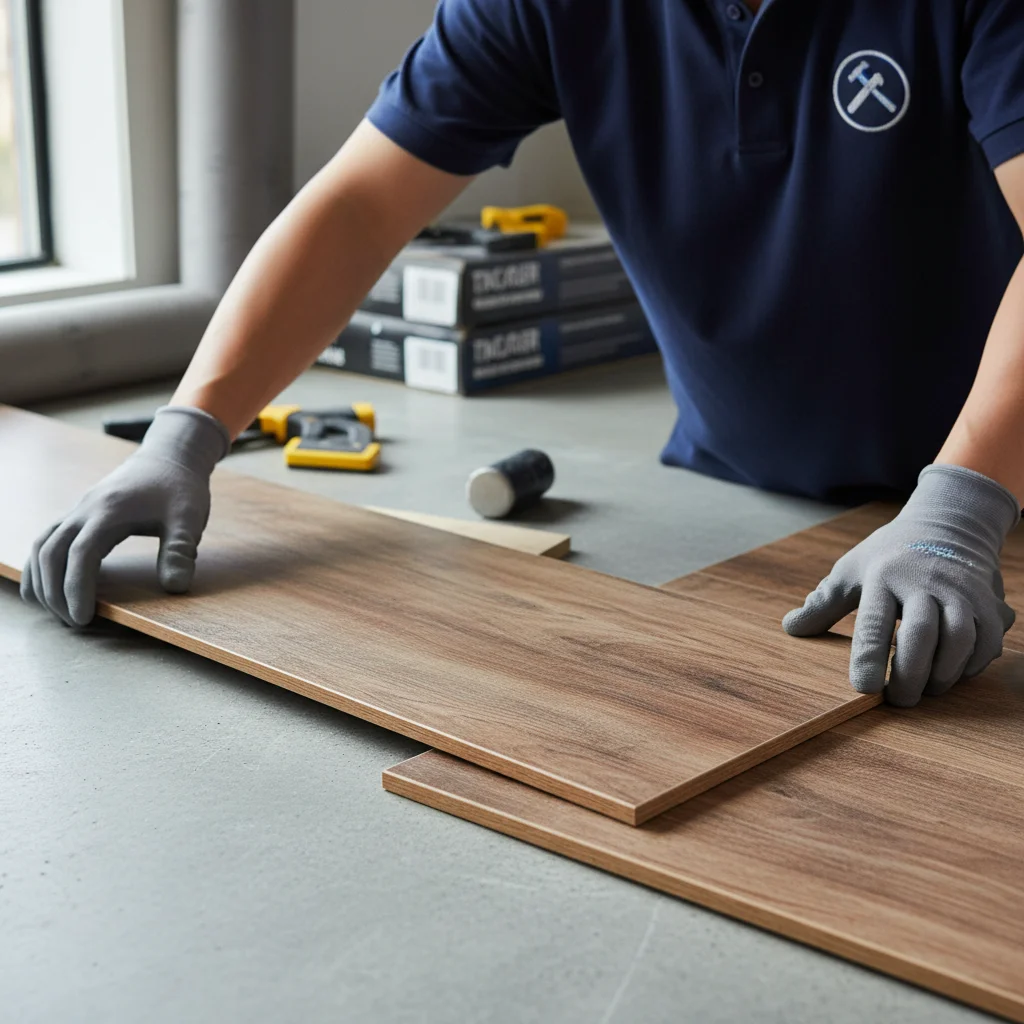 A close-up shot of a flooring installer carefully clicking a luxury vinyl plank 