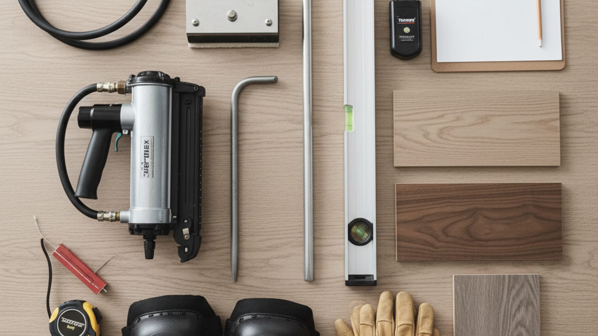 Overhead flat-lay of professional flooring tools, pry bar, tapping block, moisture meter, plank samples, and a level on a clean work surface