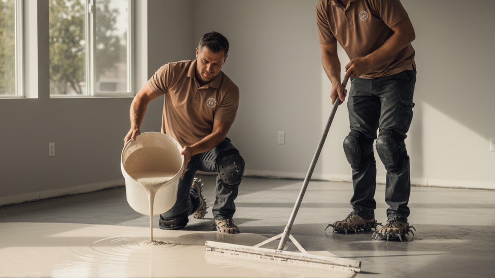 A flooring installer spreading self-leveling compound across a concrete slab subfloor in a San Diego home